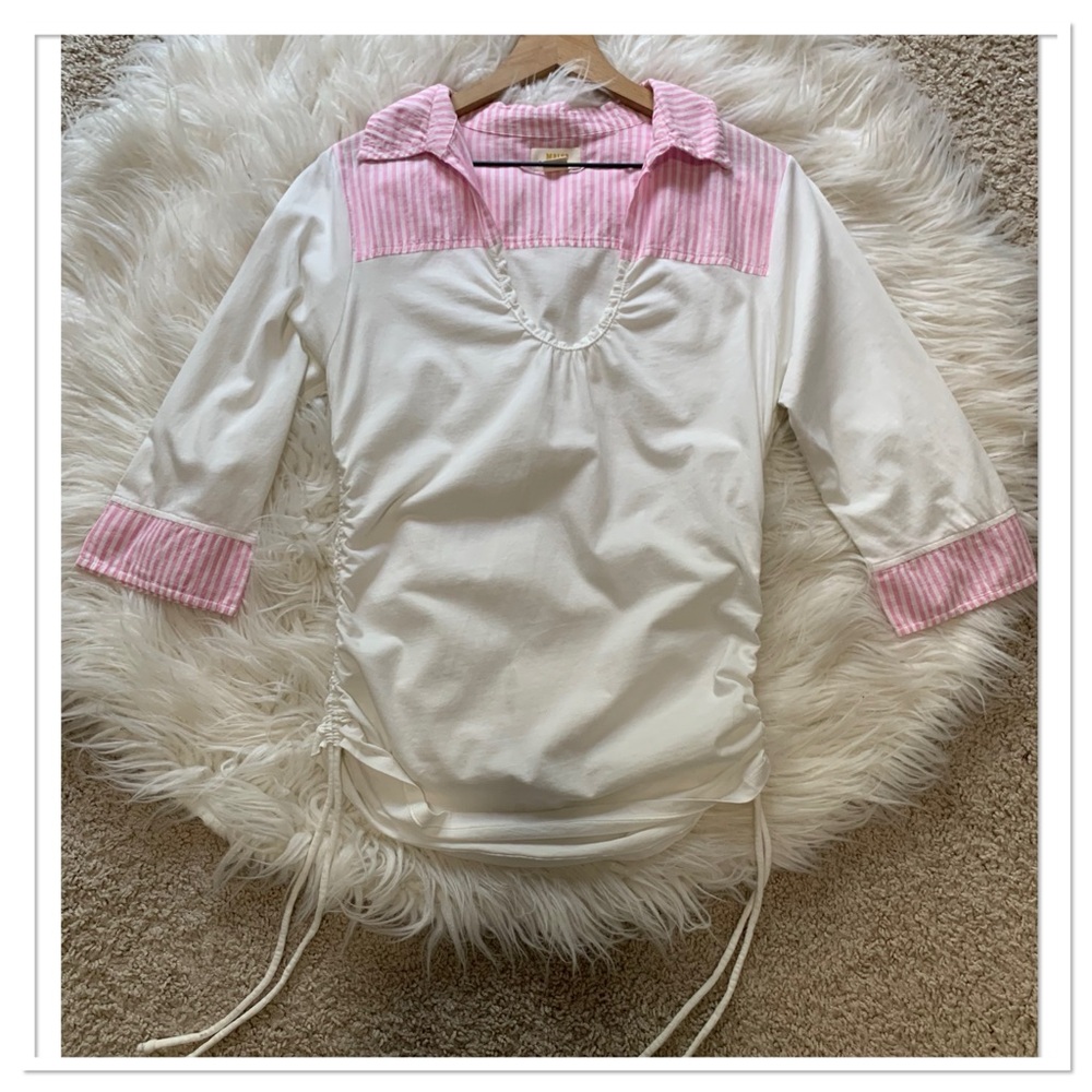 Anthropologie Maeve Collared Scoop Neck Top Pink White Size Large
